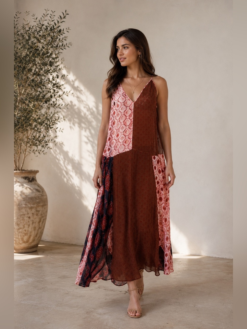 NWOT Zara Asymmetrical Dress in Brown and Pink L
